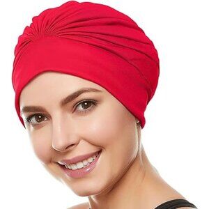 Beemo Swim Caps for Women Swimming Turban Polyester Latex Lined Pleated - Red